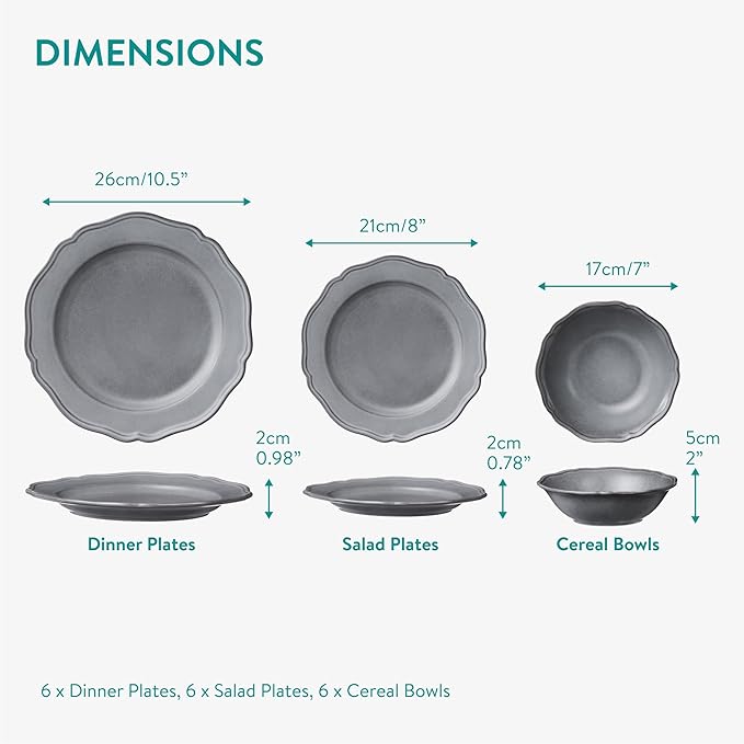 Navaris Scandi Style Porcelain Dinnerware Set - Ceramic Crockery Sets for 6 - Stackable Dishes with Dinner and Salad Plates Cereal Bowls - Dishwasher & Microwave Safe - 18pcs Grey