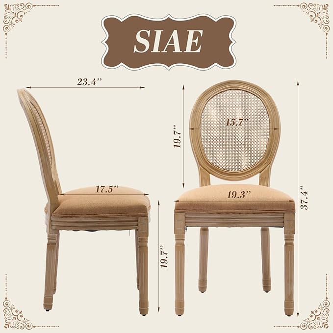 SoarFlash French Dining Chairs Set of 4, Vantage Dining Chair with Round Back, Wood Leg Farmhouse Country Rattan Dining Chair for Kitchen,Bedroom,Brown