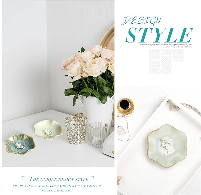 meekoo 2 Pcs Trinket Dishes for Jewelry Lotus Leaf Shape Ceramic Ring Holder Jewelry Tray Bowl Woman Gift for Mom Sister(Green)