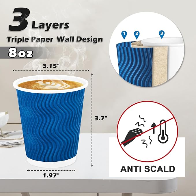 Lamosi 500 Count 8 oz Insulated Coffee Cups Bulk, Disposable Paper Cups No Lids 8oz, Corrugated Ripple Wall Design for Hot Beverage (Navy)