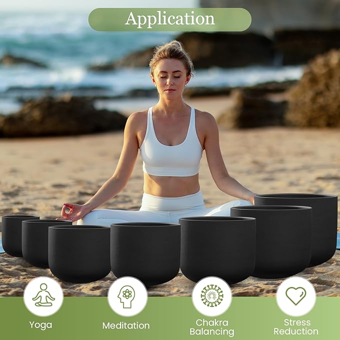432HZ 6-12 Inch 7 Pcs Black Frosted Crystal Singing Bowl Set for Meditation Healing Yoga Chakra Quartz Crystal Sound Bowls with Heavy Duty Carry Cases and Rubber Mallet,Suede Striker,O-rings