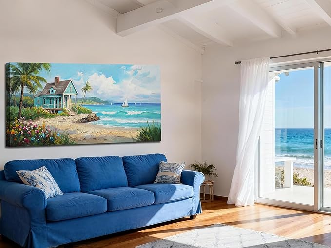 Anolyfi Tropical Large Canvas Wall Art for Living Room, Palm Tree Nature Coastal Seascape Painting Wall Decor Textured Artwork for Bedroom Hallway Kitchen Office Home Decor 58"x29"