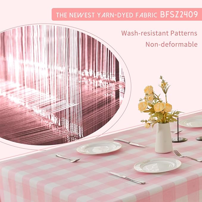BALCONY & FALCON Rectangle Gingham Table Cloth – Water-Resistant Cotton Blend Washable Checkered Tablecloth for Valentine，Outdoor Picnic, Camping, Kitchen, Party Decor (Pink White, 55x95 Inch)