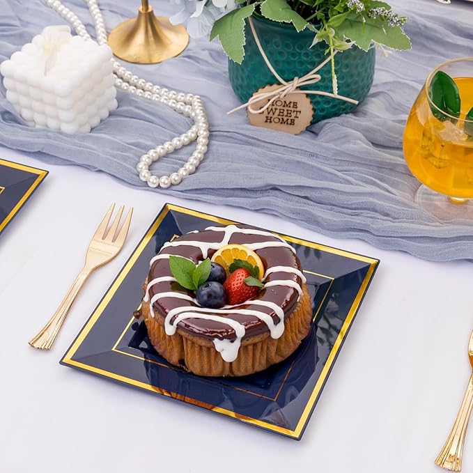 WDF 200PCS Blue Plastic Dessert Plates with Plastic Forks -6’’ 100 Square Disposable Appetizer Plates Small Cake Plates with Gold&100 Navy Blue Small Appetizer Forks for Party Wedding Birthday