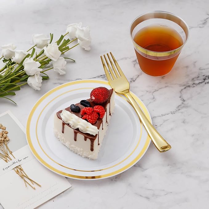 Bestvip 150PCS Gold Plastic Plate Set (25 Guests), Plastic Plates for Party Wedding Birthday, Disposable Dinnerware Set of 50 Plastic Plates, 50 Forks, 25 Spoons, 25 Knives