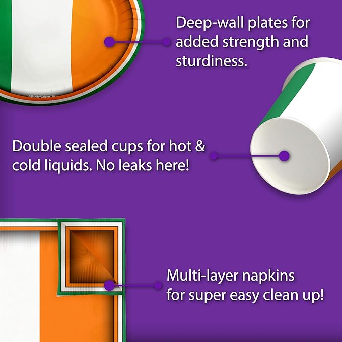 Irish Flag Ireland Birthday Party Supplies Set Plates Napkins Cups Tableware Kit for 16