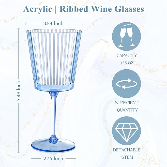 48 PCS Blue Ribbed Plastic Wine Glasses 13.5 OZ Ribbed Wine Glasses Detachable Wine Glass Elegant Fluted Glassware Vintage Style for Wedding Anniversary Birthday Dinner Parties(Blue, 48 Pack)