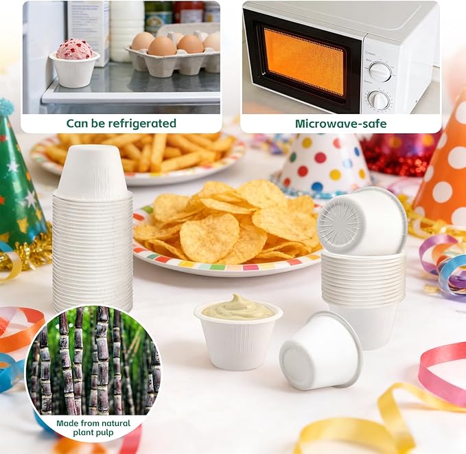 LeonBach 100 Pack Natural Bagasse Fiber Bowls,4oz Small Disposable Paper Bowls Microwavable Safe Sample Snack Cups Charcuterie Serving Cups for Sauce Portion Condiment Ice Cream Desserts, White