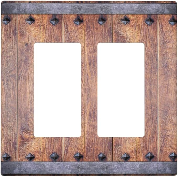 Outlet Covers Rustic Farmhouse Barn Door Vintage Wood 2 Gang Light Switch Cover Double Rocker Wall Plate Decorative GFCI Receptacle Electrical Switchplate for Bathroom Cabin Decor（2 Pack）