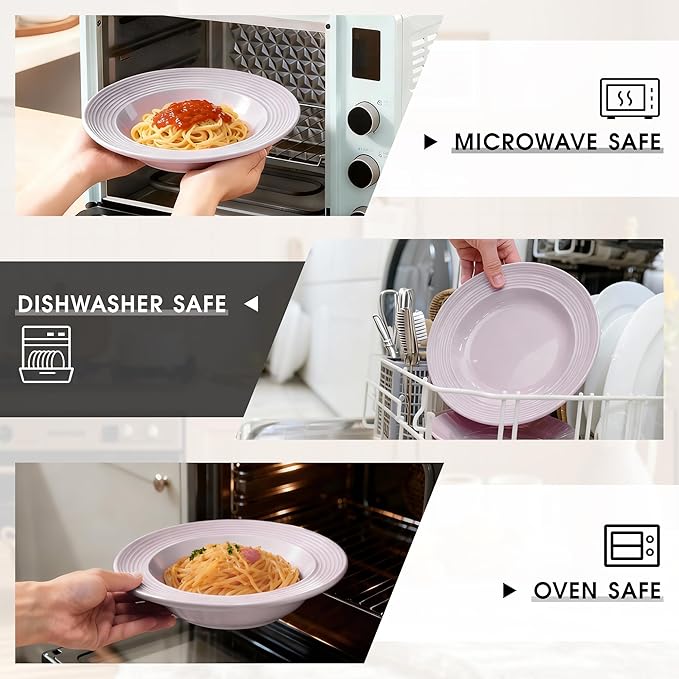 Wide Rim Soup Bowls, 11oz Small Capacity Rimmed Pasta Bowls Set of 4, 8 Inch Ceramic Salad Bowl, Shallow Plates, Elegant Dinner Cereal Serving - Microwave Dishwasher Oven Safe - Purple
