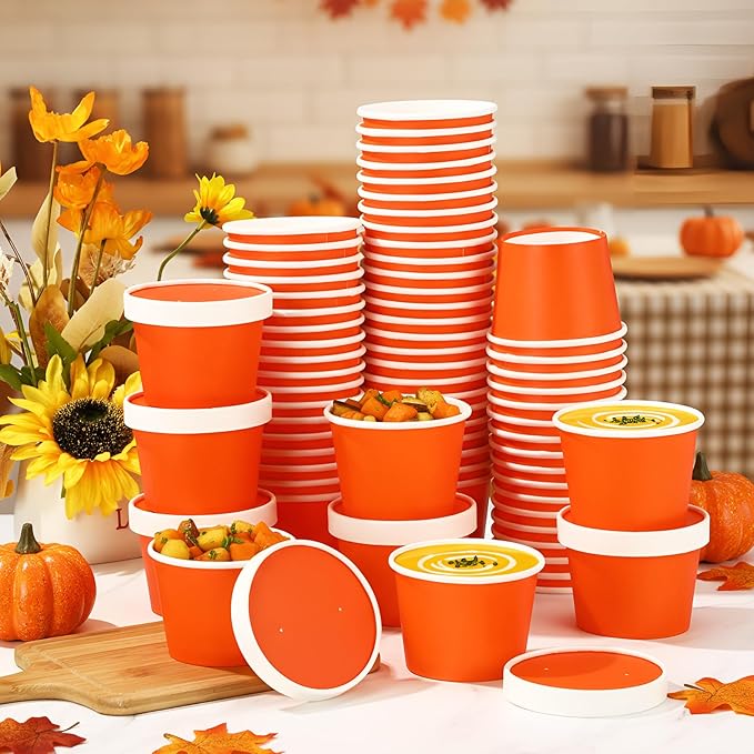 Fulmoon 100 Pack Paper Soup Containers with Lids Disposable Paper Food Containers with Vented Lid Kraft Ice Cream Cake Dessert Cups Soup Bowl for Party Hot Food Fruit Microwave(8 oz,Orange)