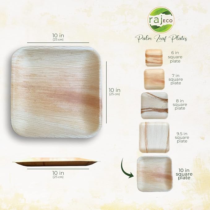 Raj Palm Leaf Plates 10" 100 Square Plates like Bamboo plates Disposable, Decorative Compostable Tableware for wedding, Lunch, Dinner, Birthday, Camping, Outdoor BBQ, Picnic