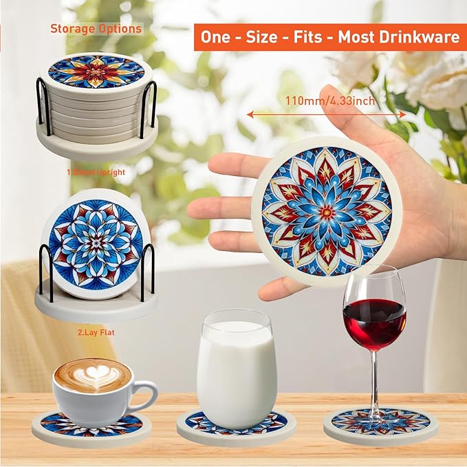 Mandala Non-Slip Silicone Coasters, 4-Pack Double-Sided Absorbent Cup Mats for Hot & Cold Drinks, Scratch & Water Ring Protection for Wood Tables, Home Office Bar Use (6PC Wanda La)