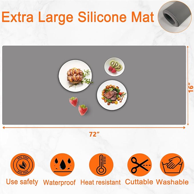 Extra Large Silicone Mat for Kitchen Counter, 72''x16'' Silicone Mats, Non-Slip Heat Resistant Countertop Protector, Waterproof Kitchen Island Mat, Black