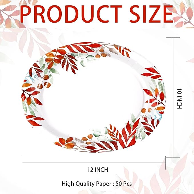 Grencian 50Pcs Fall Oval Paper Plates 10" x 12" Large Disposable Heavy Duty Fall Maple Leaves Paper Plates Autumn Leaves Seasonal Party Decorations for Thanksgiving Holiday Party Supplies