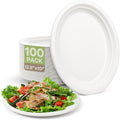 Disposable Oval Paper Plates, 100Pack 12.5inch Biodegradable Large, Compostable Heavy Duty Bagasse Platters Eco-Friendly Sugarcane Plates for BBQ, Party, Picnic - White
