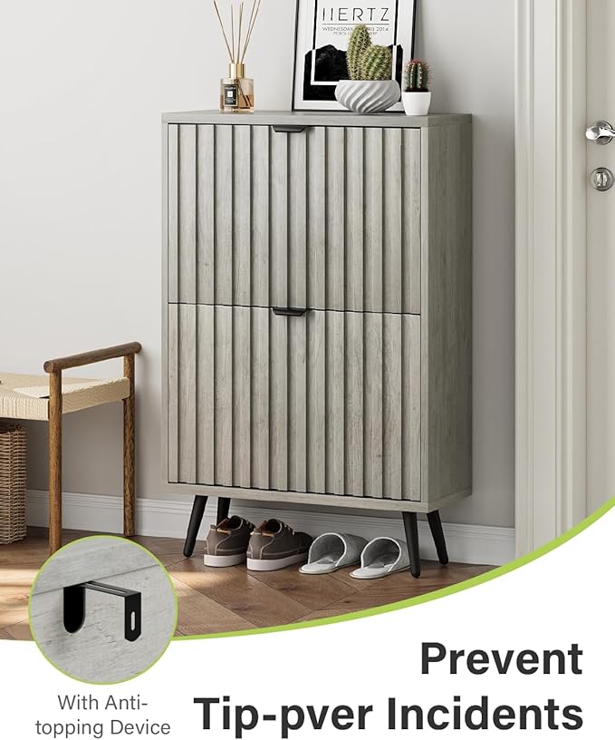 Shoe Storage Cabinet, Fluted Shoe Cabinet for Entryway, Grey Hidden Storage with Metal Legs, Flip Doors