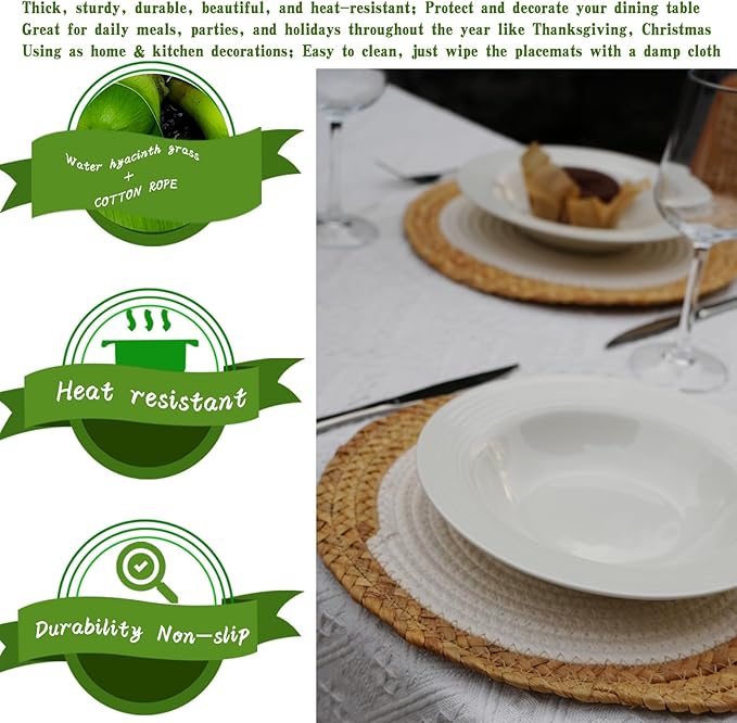 ANDSTAR Round Woven Placemats Set of 4, 12"x12", Natural Wicker Placemats, Water Hyacinth Straw Braided Placemats,Boho Place Mats for Farmhouse, Rustic Table (Water Hyacinth + White Cotton Rope)
