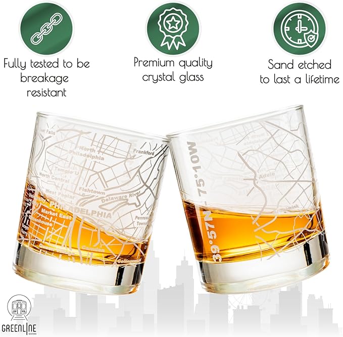 Greenline Goods Whiskey Glasses - 10 Oz Tumbler Gift Set for Philadelphia lovers, Etched with Philadelphia Map | Old Fashioned Rocks Glass - Set of 2