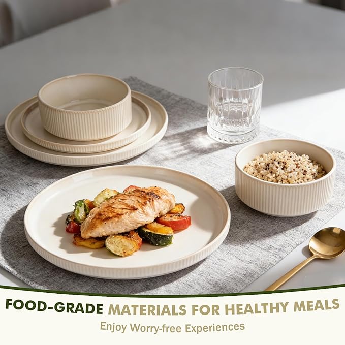 Stoneware Dinnerware Sets, Plates and Bowls Set for 4, 12-Piece Ribbed Dishes – Chip & Scratch Resistant, Microwave and Dishwasher Safe Tableware, Warm Off-White