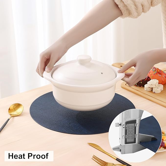 homing Round Faux Leather Placemat and Coaster 4 Packs, Washable Heat Resistant Dining Place Mats, Wipeable Double-Sided Table Mats for Indoor and Outdoor, Diameter 13 and 3.93 inch, Navy