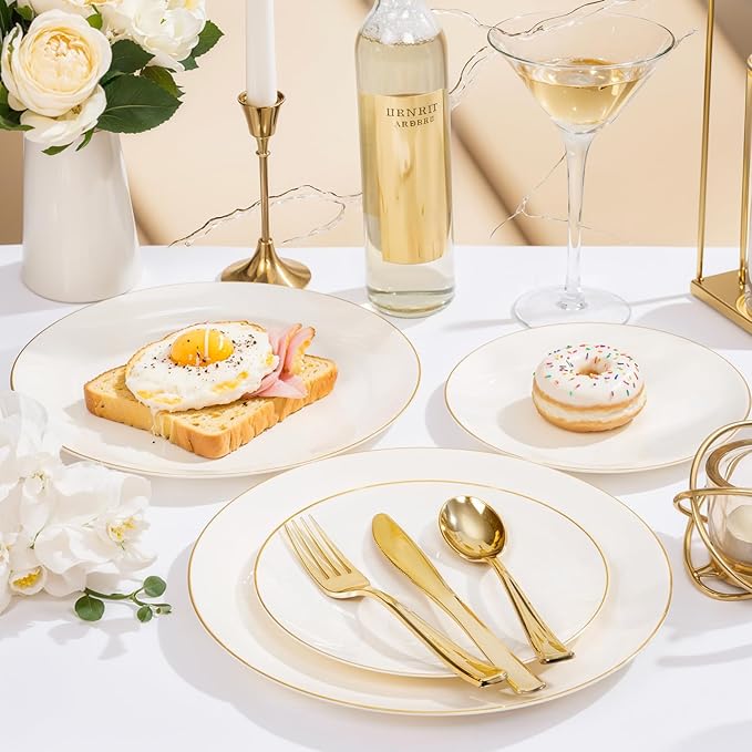 Nervure 100Pcs Ivory and Gold Plastic Plates - 7.5inch Disposable Ivory Dessert/Salad Plates - Heavy Duty Plastic Plate Ideal for Wedding & Party