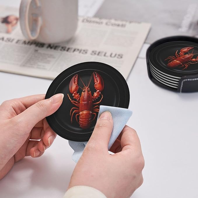 Lobster red Printed Leather Coasters for Drinks, Set of 6 Drink Coaster Dining Room Decor Cup Coasters