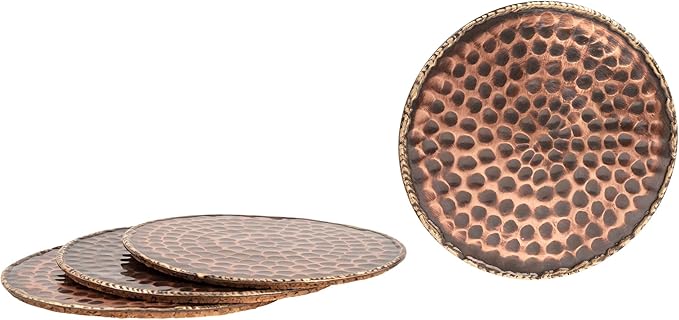 GoCraft Set of 4 Antique Copper Coasters – Handmade Hammered Copper with Padded Cork Protection, Coasters for Drinks, Beverages, Wine Glasses & Bar Glasses, Elegant Bar Décor, Durable & Stylish