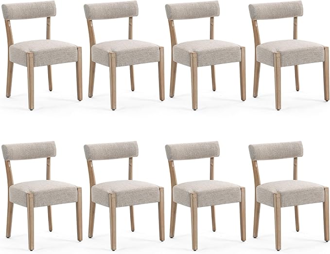 Dining Chairs,8 Pack Mid-Century Modern Wooden Kitchen Chairs with Linen Upholstery - Low-Back Woven Design for Kitchen & Dining Room,Oatmeal Fabric
