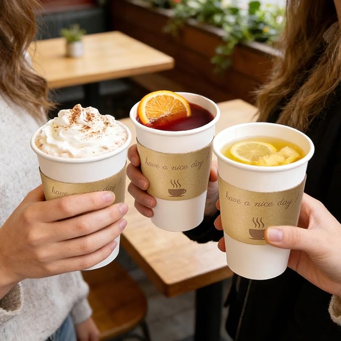 500 Pack 16 oz Disposable Paper Coffee Cups, Paper To Go Cups with Lids, Sleeve and Straw, Hot Paper Cups for Home, Office and Party (White 16oz)