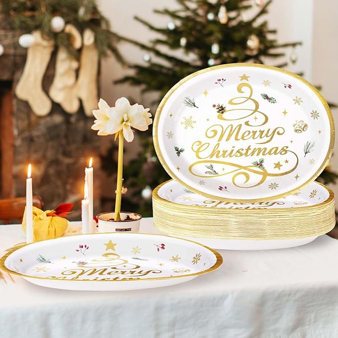 Grencian 50pcs Merry Christmas Oval Paper Plates - 10" x 12" Heavy Duty 400GSM Gold Christmas Tree Dessert Plates for Xmas Winter Holiday Party Supplies