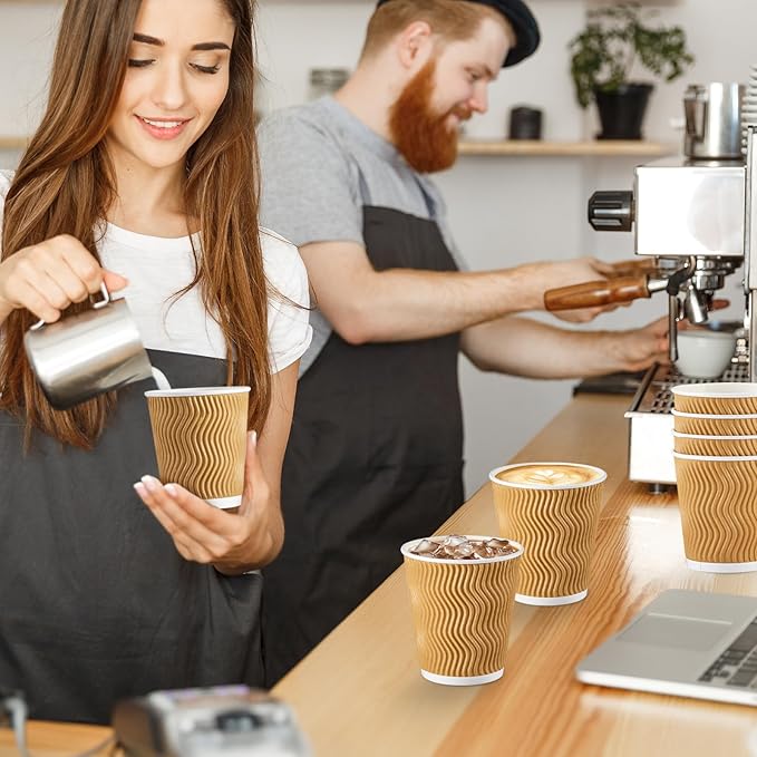SIUQ 8 oz Coffee Cups - 150 Pack, Insulated Disposable Paper Cups 8 oz, Corrugated Ripple Wall Cups for Hot Beverage or Cold Drinks (Champagne)
