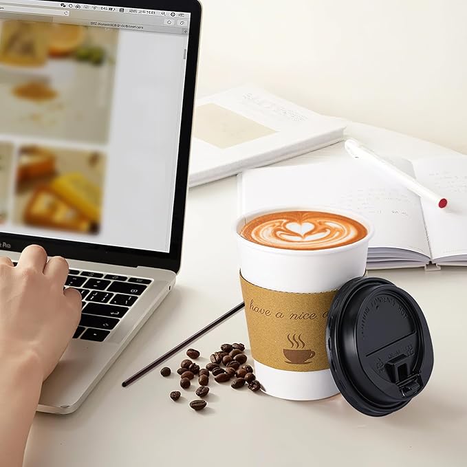 100 pack 10 oz Disposable Coffee Cups with Lids,To Go Coffee Cups for Home, Office, Cafes and Party (White 10oz)