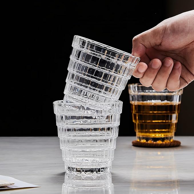 Vintage Drinking Glasses Set of 6, 8 oz Brick-Shaped Glass Cups, Mojito Glass Cups Stackable Water Tumbler, for Beer, Cocktail, Whiskey, Juice & Mixed Drinks.