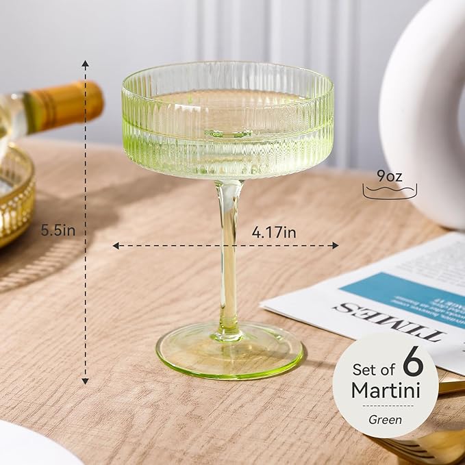 Green Vintage Art Deco Coupe Glasses Set of 6-9 oz Pale Green Ribbed martini Glasses|Vintage Cocktail Glasses Set,Unique Light green Coupe Glass