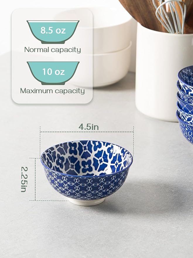 DOWAN Small Dessert Bowls Set of 6, Ice Cream Bowls 10 OZ, 4.5 Inch Ceramic Cereal Bowls for Fruit, Snack, Bouillon Cups for Dipping, Side Dishes, Sauce, Microwave and Oven Safe, Dishwasher