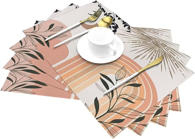 Mid Century Abstract Boho Placemats Geometric Leaf Sun Minimalist Modern Cafe Washable Place Mats 12x18Inch for Dining Kitchen Farmhouse Decor 6 PCS