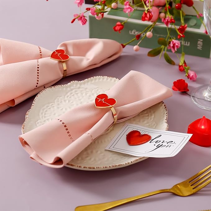 Red Love Napkin Rings Set of 6, Valentines Day Napkin Ring Holders for Ceremony Decor Wedding Anniversary Dinner Party