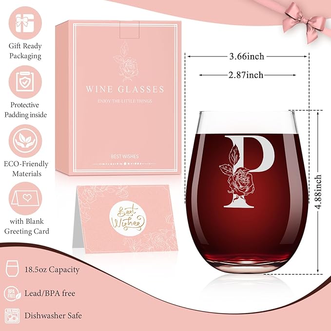 Valentines Day Gifts for Her, Gifts for Women Her Friend Mom Grandma Wife Sister Bridesmaid Nurse, Birthday Galentines Mothers Day Christmas, Personalized Initial Customized Wine Glasses 18OZ(P)