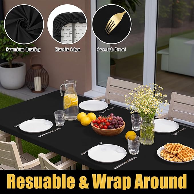 Smiry Rectangle Picnic Table Cloth, Waterproof Elastic Fitted Tablecloths for 4 Foot Tables, Washable Polyester Table Cover for Camping, Indoor and Outdoor (Black, 24"x48")