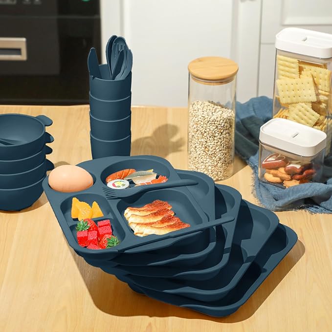 Tanlade 24 Pcs Wheat Straw Dinnerware Cutlery Sets, Divided Plates Unbreakable Bowl Microwave Dishwasher Safe Tableware Cutlery Spoon Knife Fork Cup(Dark Blue)