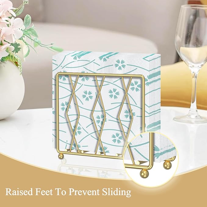Napkin Holder for Table, Modern Metal Napkin Holders for Paper Napkins & Kitchen Dining & Countertops, Cocktail Upright Napkin Holder Dispenser Suitable for All Room Decors (Large, Gold)