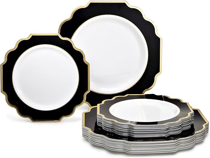 " OCCASIONS " 240 Plates Pack,(120 Guests) Heavyweight Wedding Party Disposable Plastic Plates Set -120 x 10.5'' Dinner + 120 x 8'' Salad / Dessert (Imperial in Black & Gold)
