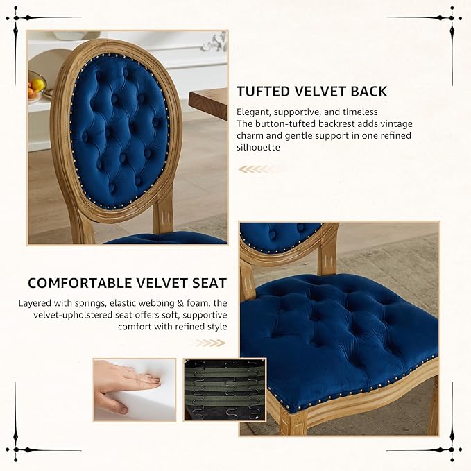 Vintage French Dining Chairs Set of 6, Round Back Velvet Upholstered Accent Chairs with Nailhead Trim and Solid Wood Frame, Elegant Sillas de Comedor for Dining Room & Kitchen, Blue