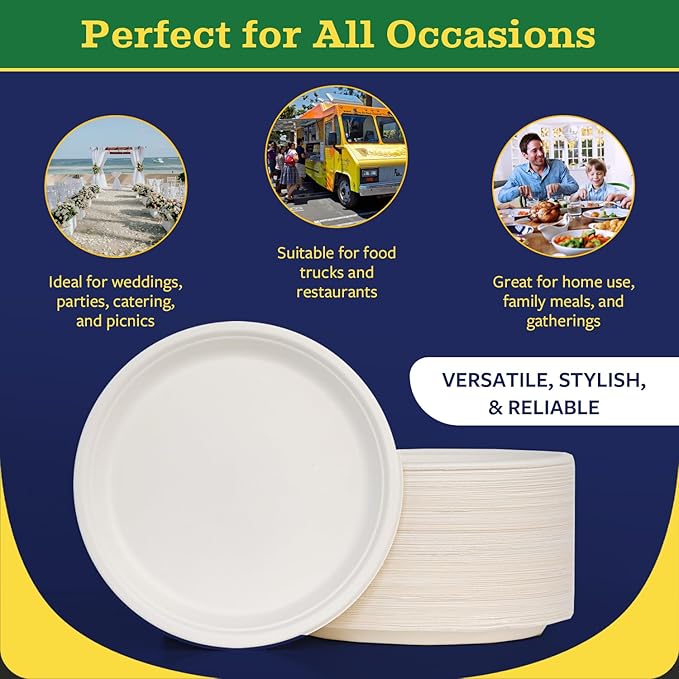 10” Compostable Plates, 125-Pack | Biodegradable Sugarcane | Sturdy, Microwave-Safe Disposable Plates for Parties & Events