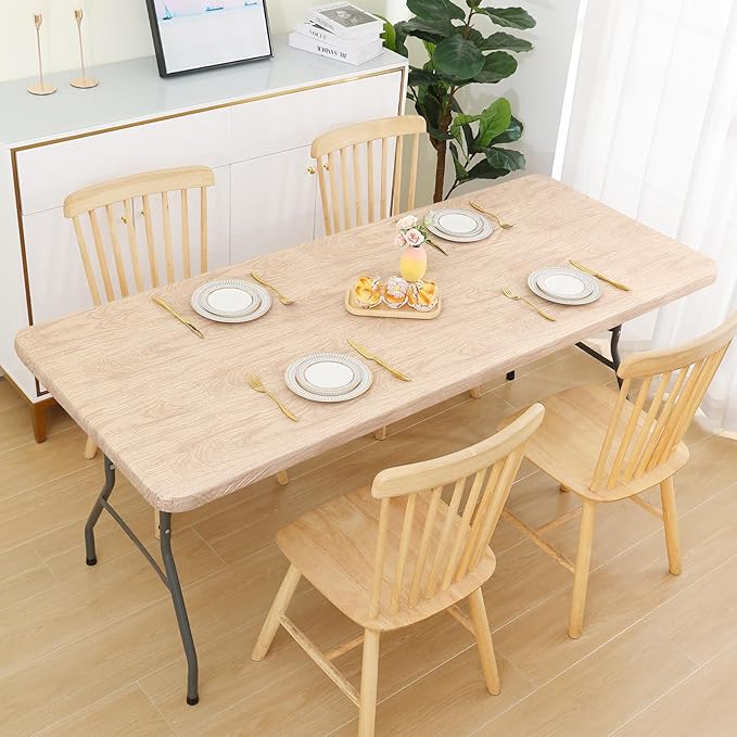 Smiry Rectangle Table Cloth Cover, Waterproof Elastic Fitted Picnic Tablecloth for 6 Foot Tables, Wipeable Flannel Backed Vinyl Tablecloths for Camping, Dining, Outdoor (Beige Wood, 30" x 72")