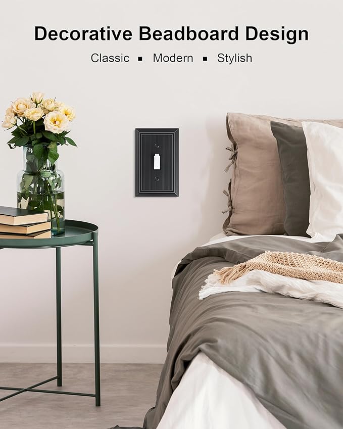 4-Pack Classic Beadboard Classic Beadboard Single Toggle Light Switch Cover Plate, Durable Natural Bamboo Fiber Decorative Switch Plate Covers, Matte Black 1 Gang Wall Plate