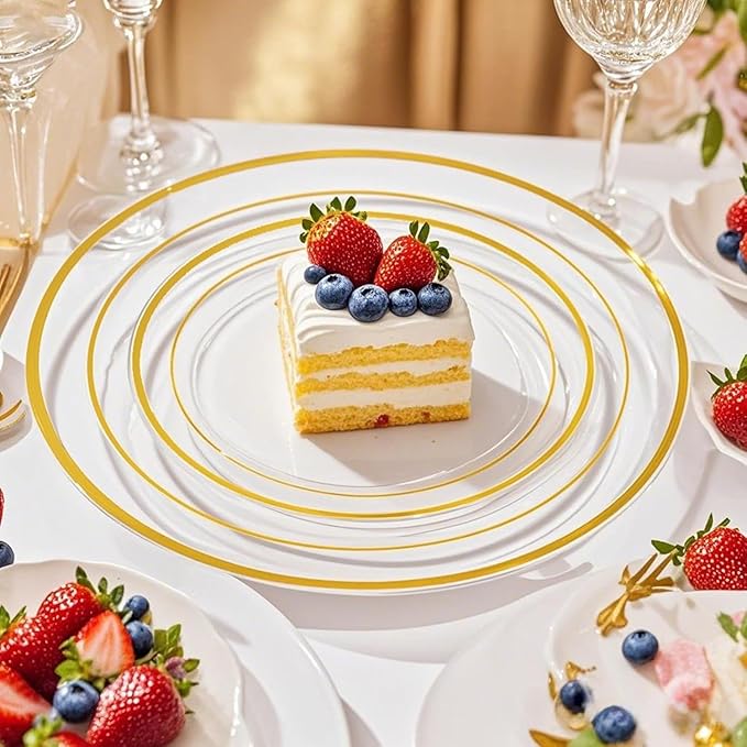 I00000 100Pcs Small Clear Gold Dessert Plates,Clear Disposable Plates with Gold Rim 7 Inch,Premium Hard Fancy Small Plate,Perfect for Birthday, Wedding & Party