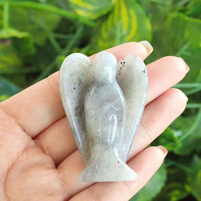 YATOJUZI 2" Crystal Angel Decor Labradorite Healing Polished Gift Stone Sculpture Statue Hand Carved Cute Figurines Gemstone Reiki Home Room Office Desk Decoration Guardian Angels Gifts for Women Men