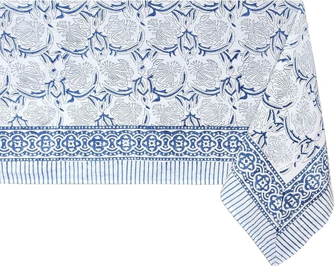 ATOSII ‘Santorini’ 100% Cotton Fall Tablecloth, Handblock Print Blue Square Table Cloth for Kitchen I Dining Table Linen I Parties Wedding Christmas Thanksgiving I Fall Decor 60 X 60 Inches